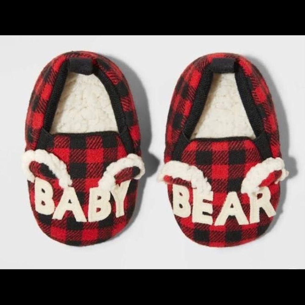 “Baby Bear” Red Plaid Baby Slipers Size 3-6 months